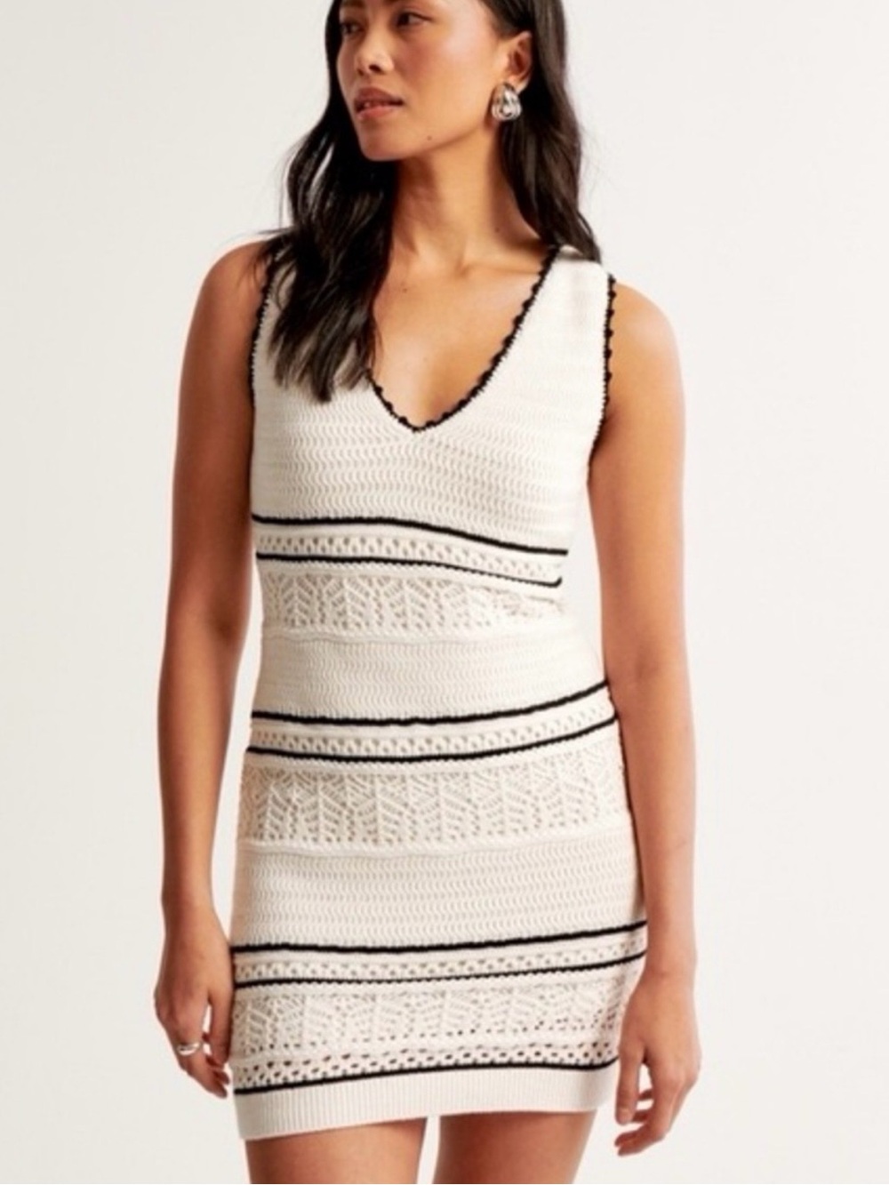 Abercrombie & Fitch White Knit Midi Dress with Black Trim